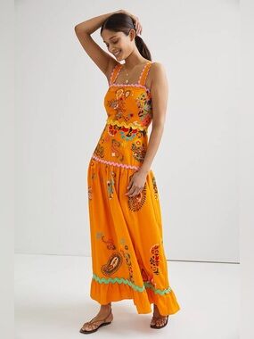 Anthropologie Maeve Sunset Embroidered Midi Dress size 6 orange
